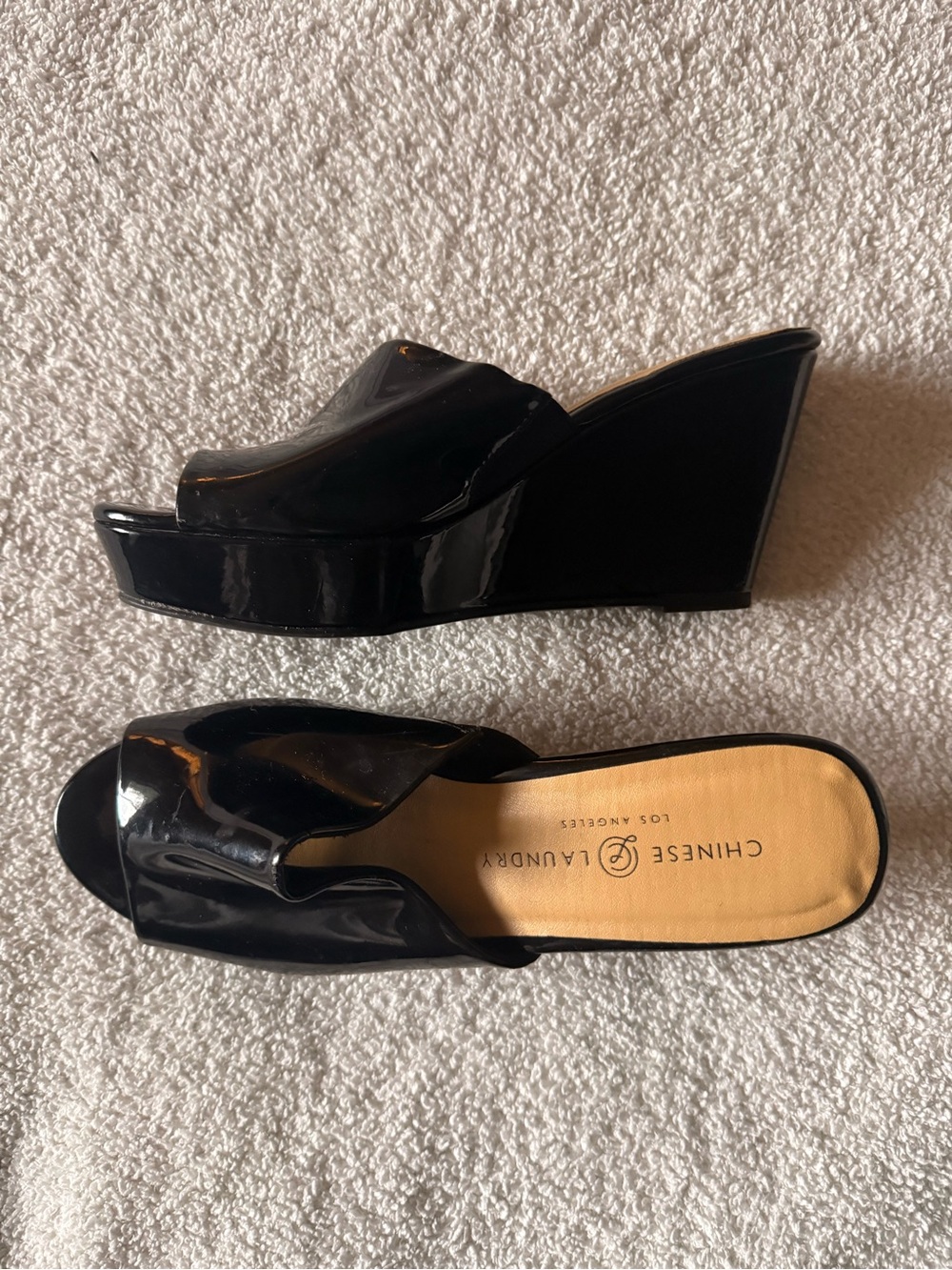 Chinese Laundry Black Patent Wedge Slide Sandals - Open Toe